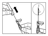 Technical drawing showing two hands separating a protective cap from a medical device with a black arrow pointing towards the