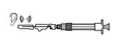 Technical drawing of a syringe with needle pointing toward a human ear with sound wave symbols next to it