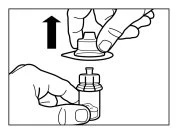 Two hands removing the protective cap from a medicine vial with a black arrow pointing towards the