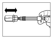 A hand holding a syringe horizontally while a black double-headed arrow indicates lateral movement above the device cap