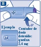 Illustrazione di una mano che impugna un dispositivo medico con display digitale che indica 0 mg e un riquadro con esempio di dosaggio residuo di 2,4 mg