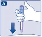 Una mano impugna una penna iniettiva verticale con una freccia blu rivolta verso il basso che indica il movimento di pressione sulla pelle