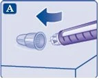 Una freccia blu indica il movimento di una penna iniettore viola che viene inserita all'interno