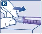 Una mano afferra la parte superiore di un dispositivo medico cilindrico viola e trasparente mentre una freccia blu indica il movimento verso destra