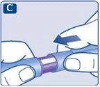 Due mani impugnano un dispositivo medico cilindrico blu e bianco per separare o ruotare le due parti seguendo la direzione della freccia blu