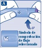 Due mani tengono una penna iniettiva blu con un indicatore di dose e una freccia curva che punta verso il simbolo di controllo del flusso selezionato