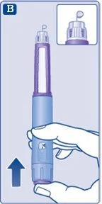 Una mano impugna un dispositivo medico cilindrico blu e viola con una freccia blu rivolta verso l'alto