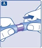 Due mani tengono un dispositivo medico cilindrico blu e viola e lo separano tirando verso l'esterno