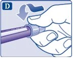 Una mano afferra e ruota verso il basso la parte superiore di una penna iniettore medica con una freccia direzionale blu