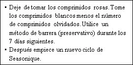 Spanish text on white background instructing to stop the pink pills, take the white ones, and use condoms for 7 days before starting a new cycle