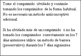 Spanish text on white background explaining what to do if a contraceptive pill is missed and the