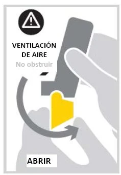 Mani che tengono un dispositivo medico con una freccia curva che indica il movimento di apertura e la scritta ventilación de aire no obstruir