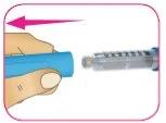 A hand holds a blue device moving it to the left to attach a transparent syringe with a pink directional arrow