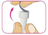 Two hands unscrewing a white cap from a vial with a pink curved arrow indicating the rotational movement