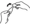 Line drawing showing two hands forcefully separating two parts of a medical container following the direction of a black arrow