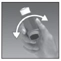 A hand holding a cylindrical medical device and rotating it clockwise as indicated by a white curved arrow