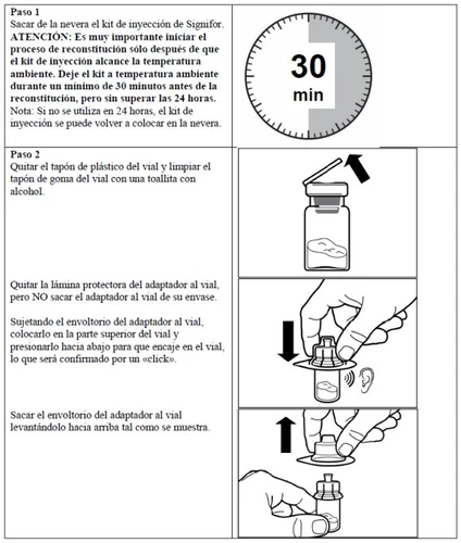 Schema di istruzioni mediche con un cronometro che segna 30 minuti e disegni di mani che maneggiano un flaconcino e un adattatore per iniezione