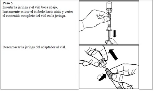Illustrazione medica in due fasi che mostra come capovolgere il flaconcino per aspirare il contenuto nella siringa e poi svitare la siringa dall