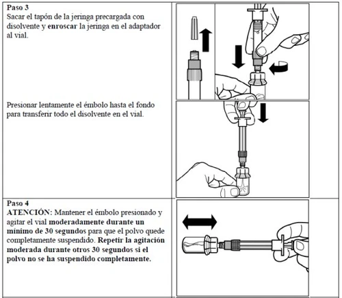 Medical diagram with instructions in Spanish and three illustrations showing how to remove the cap, screw on the syringe, and press the