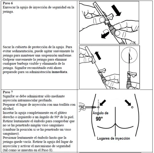 Medical diagram with instructions in Spanish and drawings showing how to screw on the