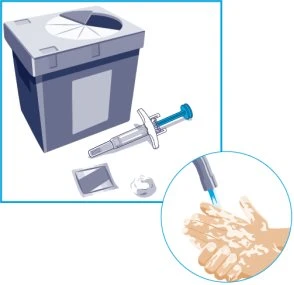 Illustrazione medica con contenitore per rifiuti taglienti, siringa con ago, confezione di farmaco e mani che vengono lavate con acqua e sapone
