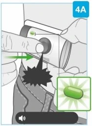 Illustrazione medica che mostra una mano che preme un dispositivo di iniezione sulla coscia con una freccia verde e un dettaglio di una capsula verde