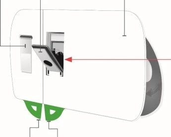 Disegno tecnico di un dispositivo medico bianco con componenti interni, freccia rossa orizzontale e linee di riferimento nere e verdi