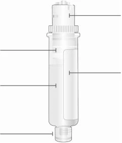 Disegno tecnico di un dispositivo medico cilindrico trasparente con linee di riferimento che indicano diverse parti del corpo del dispositivo