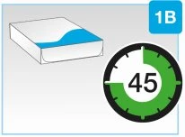 Illustrazione di una scatola bianca con dettaglio azzurro accanto a un cronometro con il numero 45 e un quadrante verde e un riquadro blu con 1B