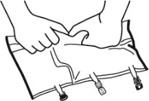 Two hands holding and opening a plastic bag with three small snap closures along the bottom edge