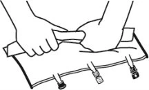 Two hands holding and tensioning a white sheet secured with four adjustable straps equipped with buckles for stabilization