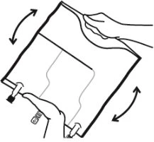 Disegno tecnico che mostra due mani che tengono e inclinano un contenitore rettangolare con frecce curve che indicano un movimento oscillatorio