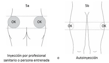 Medical diagram with two stylized leg figures indicating correct injection sites for professional or self-injection with gray circles and the label 'OK'