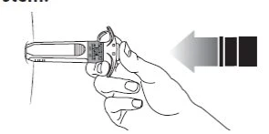 A hand holding a cylindrical medical device, with a gray arrow indicating the insertion movement toward the skin surface