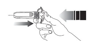 A hand holding a medical device with arrows indicating the pressing motion toward the