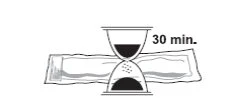 Stylized drawing of an hourglass with sand flowing, positioned above a horizontal bandage with the text '30 min' beside it