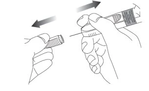 Linear drawing showing two hands moving a syringe pen injector back and forth, with a double-headed arrow above it