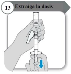 Technical drawing showing two hands holding a syringe attached to a vial to draw medication, with a blue arrow pointing downward