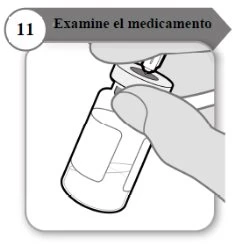 Una mano tiene un flacone di medicinale per esaminarlo con la scritta Examine el medicamento in un riquadro superiore con il numero 11