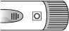 Black-and-white technical drawing of a medical device with a central square button and a ribbed section on the right