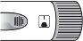 Technical drawing of a medical device with a striped oval button and a small square window showing a black circular indicator