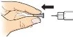 A hand holds a pre-filled syringe and pushes it to the right to attach the needle