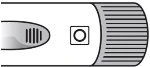 Technical drawing of a white medical device with a central circular button and a terminal section with horizontal grooves