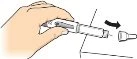 A hand holds a white and gray cylindrical medical device while the end part is rotated to the right following a black arrow