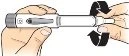 Two hands hold a white injection pen with curved black arrows indicating rotational movement of the end part for preparation