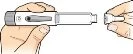 Two hands remove the protective cap from the tip of a medical injection pen for medication in a cartridge