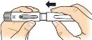 Two hands hold a white and gray injection pen and separate it transversely to the left as indicated by a black arrow