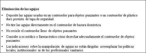 Spanish text on a white background providing instructions for the safe disposal of used needles into sharps containers