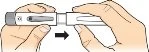 Two hands separate a white medical device into two parts using a pulling motion indicated by a black arrow pointing to the right