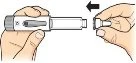 Two hands connect a cylindrical medical device to a cap, with a black arrow indicating movement to the left